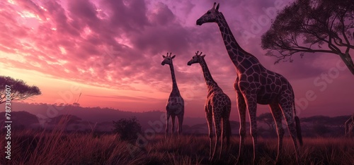 A serene view of two giraffes in the savanna with a breathtaking pink sunset sky, conveying the beauty of the wild