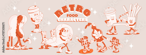 Fast food retro posters or cards with walking funny cute comic characters 60s-70s. illustration for t-shirt print. Mascots for restaurant. Milk shake, hot dog, fries, waffle monochrome red palette