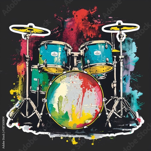 a drum kit with paint splatters on a black background