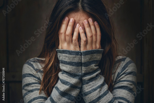 A woman is crying and her face is covered by her hands. Concept of sexual harassment against women and rape photo