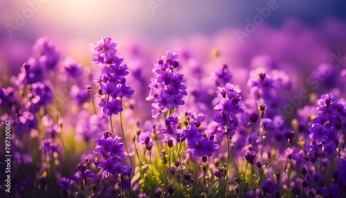 Spring flowering bloom wallpaper. Many lilac purple wild flowers in forest on glade glow in sun on a dark background macro soft focus. Spring templates, amazing magic artistic image 