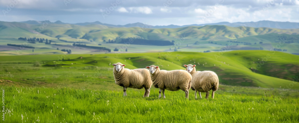Obraz premium Sheep standing in sunny green field under blue sky background. Nature pasture landscape