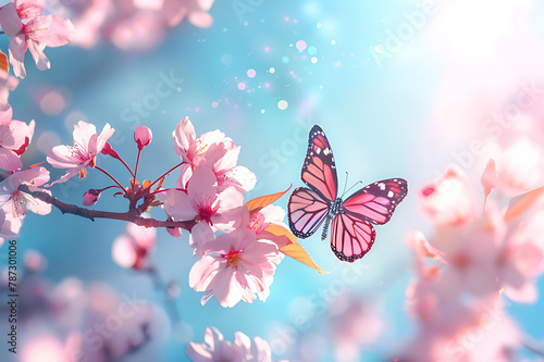 Beautiful pink butterfly and cherry blossom branch in spring on blue sky background, soft focus. Amazing elegant artistic image of spring nature, frame of pink Sakura flowers and butterfly
