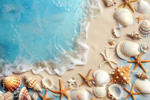 Beach summer panoramic background with seashells and starfish © Surasak