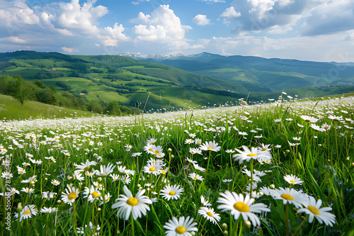 Beautiful spring and summer natural landscape with blooming field of daisies in the grass in the hilly countryside