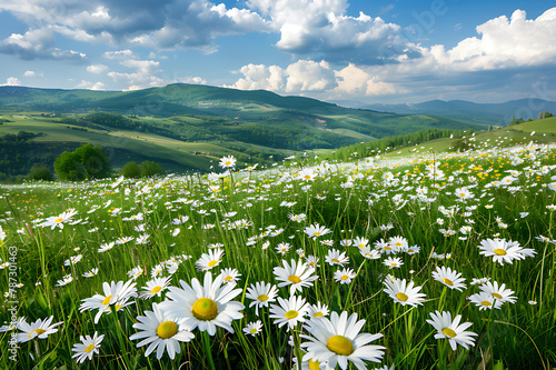 Beautiful spring and summer natural landscape with blooming field of daisies in the grass in the hilly countryside