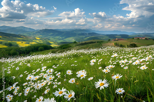 Beautiful spring and summer natural landscape with blooming field of daisies in the grass in the hilly countryside photo