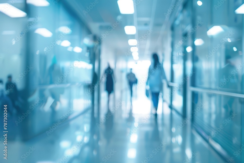 Blurred medical background. Corridor of modern hospital with doctors and patients walking. Silhouettes of people in motion. Health concept, medical care, treatment of people