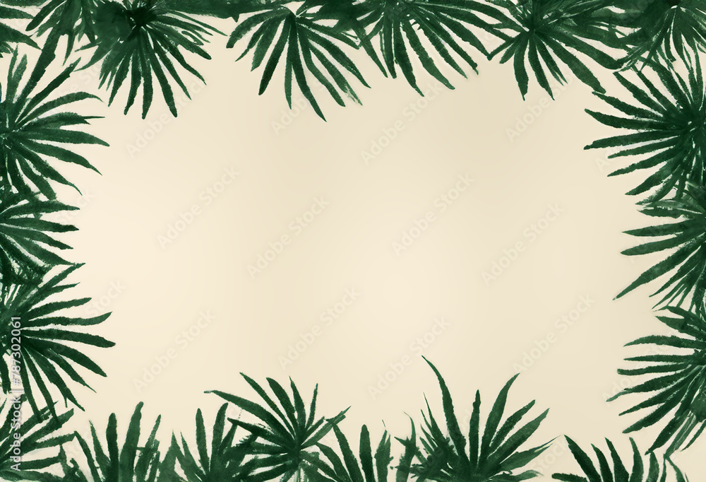 Tropical leaves border, watercolor palm leaves on textured paper, palm trees background, botanic banner, beautiful hand painted leaf illustration. Organic, nature, environment, vacation, travel banner