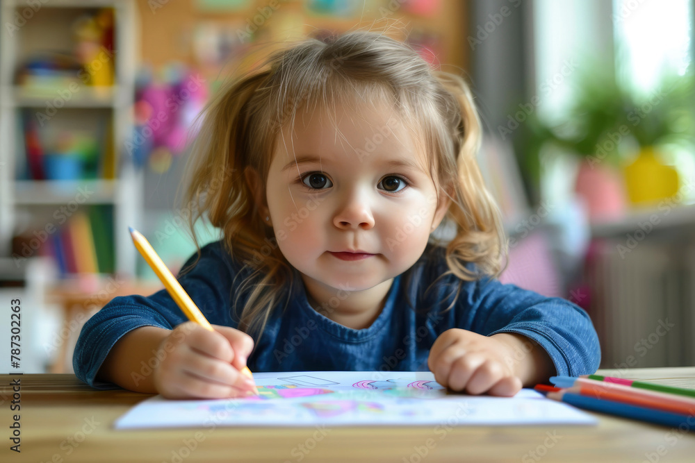 Little cute child draws with colored pencils at table in children's room. Happy childhood, preschool education concept, children's creative development, gardening activities Little cute child draws with colored pencils at table in children's room. Happy childhood, preschool education concept, children's creative development, gardening activities