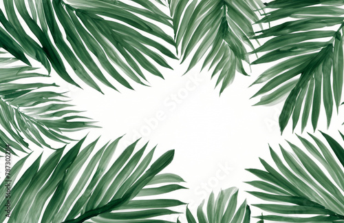 Green palm leaves border, watercolor tropical leaves  background, pretty palm trees graphic, botanic banner, beautiful hand painted leaf illustration. Organic, nature, environment, vacation, travel  photo