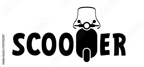 Slogan motor scooter with windshield and mirrors. Electric scooter or e-scooter. Battery, charge charging point. Modern ecology vehicle, e scooter logo. Motorcycle or motorbike. 