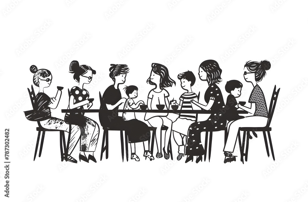 A striking black and white silhouette of a family engaged in a meal together, depicted in bold ink strokes A striking black and white silhouette of a family engaged in a meal together, depicted in bold ink strokes