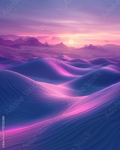 Desert with holographic dunes, shimmering under moonlight, wide lens, futuristic style, professional color grading,soft shadowns