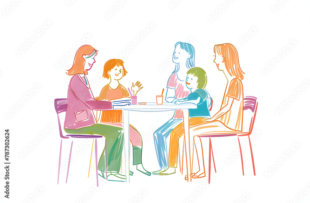 A group of individuals illustrated abstractly enjoying a pleasant meeting over a table in bright colors