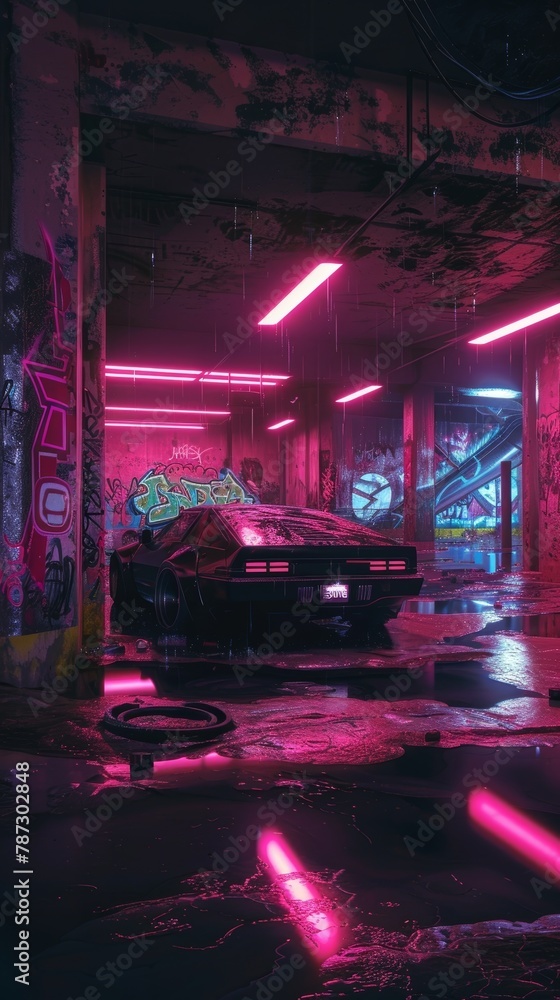 Obraz premium Drenched in neon, a classic car is framed by graffiti and the decaying urban environment of a city underbelly, reflecting in pools of rainwater.