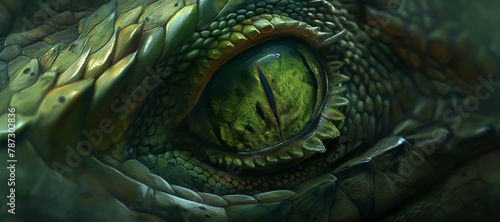 Incredible detail in the close-up of a green eye, reminiscent of a dinosaur or ancient creature