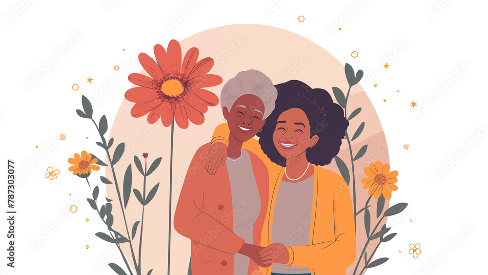 3d cartoon-like illustration of Afroamerican black mother and daughter hugging each other against floral background, orange and yellow colors, sweet moments of motherhood, mother's day
