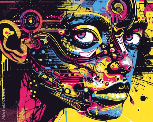 Merge the unexpected by portraying a street art masterpiece coming to life through AI enhancements, evoking a sense of horror and wonder Create this in a vector graphic style, capturing the essence of