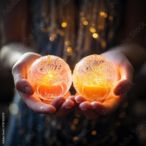 Close-up of hands cupping a glowing celestial fruit, ethereal light, soft focus, magical ambiance, Psychedelic funk art style