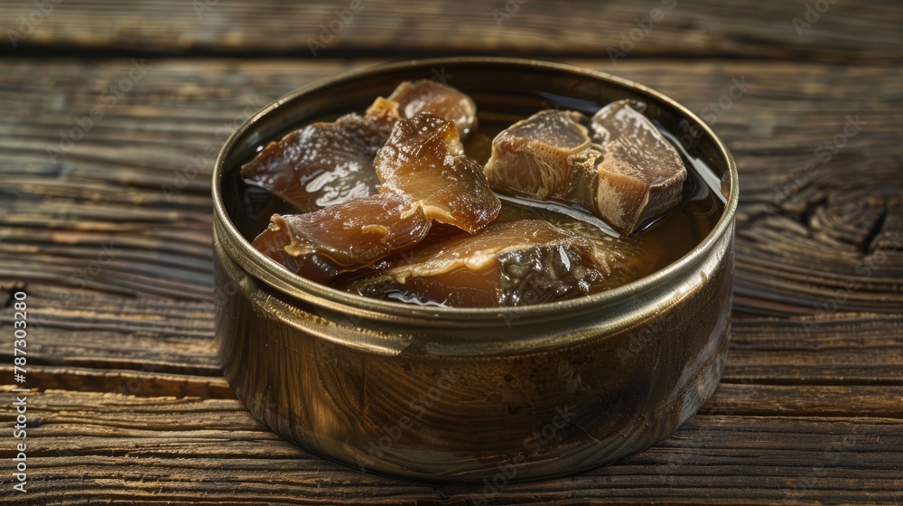 Cod liver preserved in oil in an uncovered metal container placed on a wooden surface
