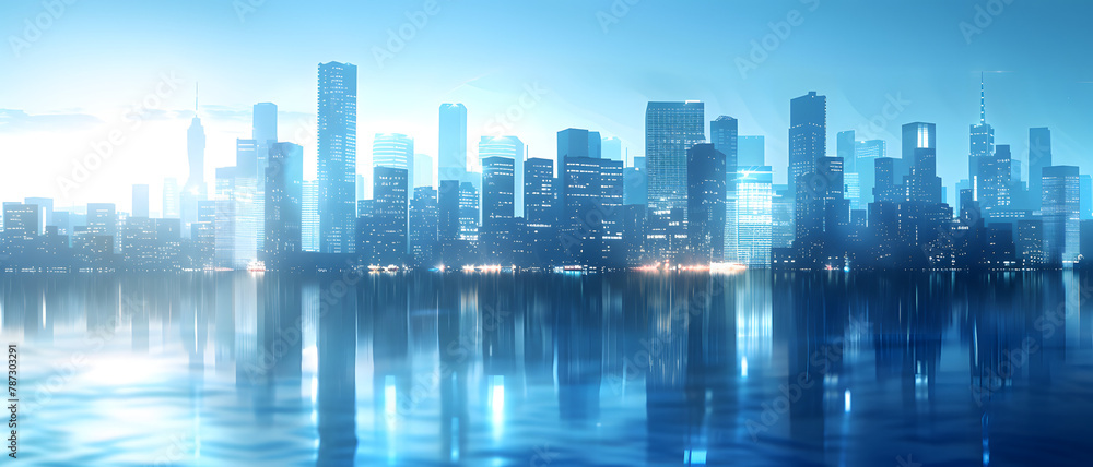 A serene night scene with illuminated city skyline casting reflections on tranquil water