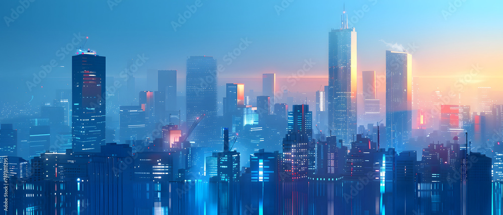 Twilight view of an advanced city landscape with multitude of radiant building lights creating a lively ambiance in the urban setting