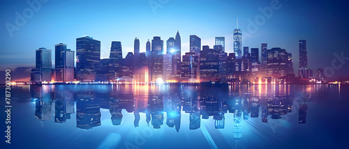 A digital artwork showcasing a cityscape at dusk  with skyscrapers reflected in the water  rendered in shades of blue suggesting tranquility and balance