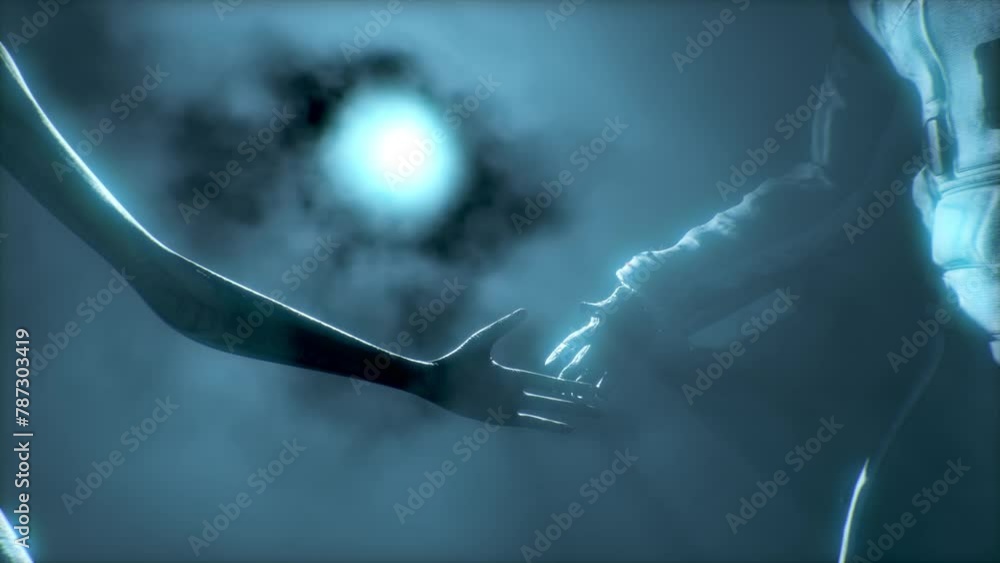 Astronaut meets a grey alien and shakes his hand. First contact. Alien ...