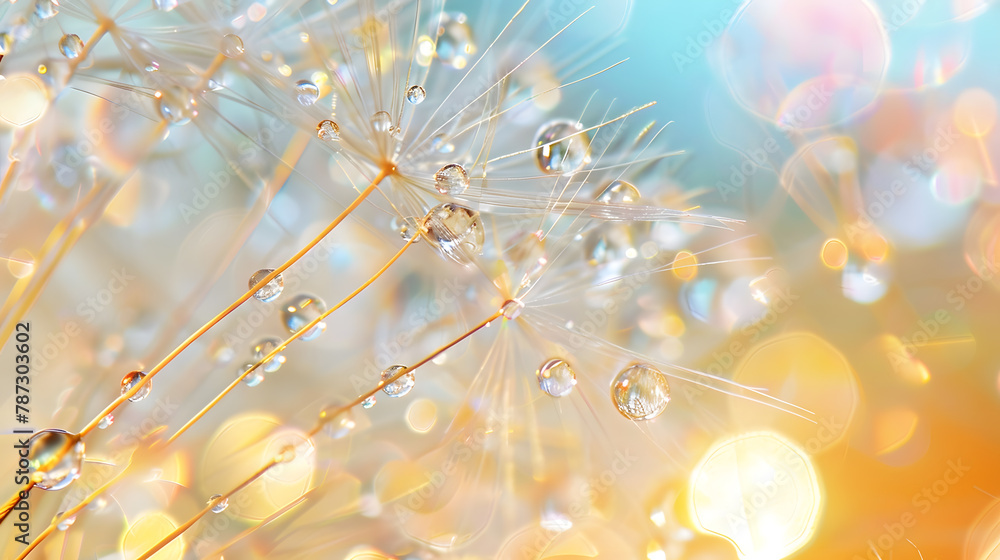 Macro nature Beautiful dew drops on dandelion seed macro Beautiful soft background Water drops on parachutes dandelion Copy space soft focus on water droplets circular shape abstract b : Generative AI Macro nature Beautiful dew drops on dandelion seed macro Beautiful soft background Water drops on parachutes dandelion Copy space soft focus on water droplets circular shape abstract b : Generative AI