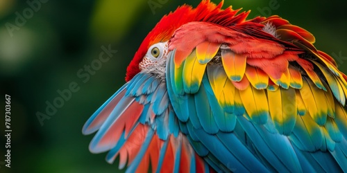 A vivid close-up of a macaw parrot displaying its brilliant feather textures and colors © gunzexx png and bg
