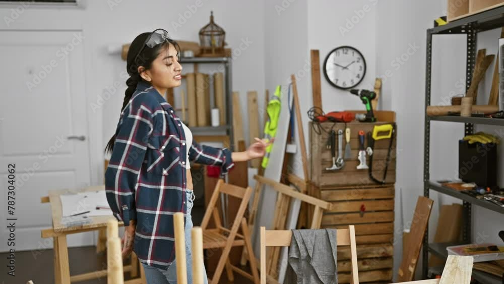 A young asian woman works in a carpentry studio, surrounded by wood, tools, and furniture. A young asian woman works in a carpentry studio, surrounded by wood, tools, and furniture.
