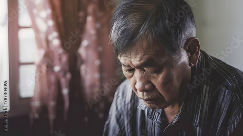 lonely elderly Asian man in his 60s sitting at home sad depressed alone : Generative AI photo