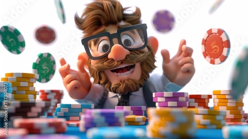 a cartoon character with a beard and glasses surrounded by poker chips