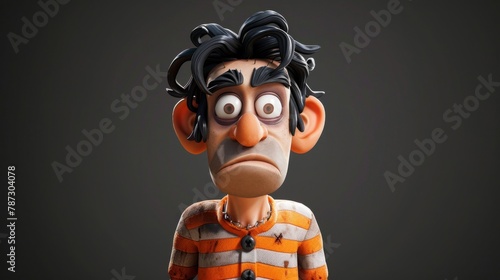 a cartoon character with a sad face and a striped shirt