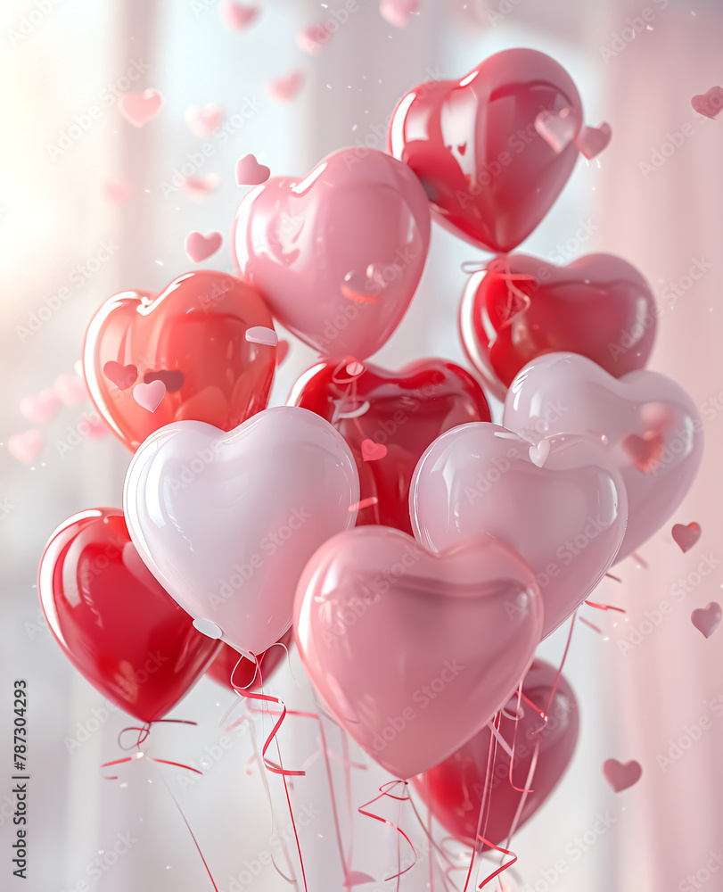 Red and white heart-shaped balloons on a light background. Valentine's Day.