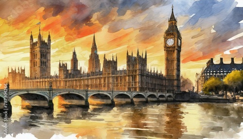 Watercolor painting of Sunset skyline of Big Ben abd Houses of Parliament in London photo