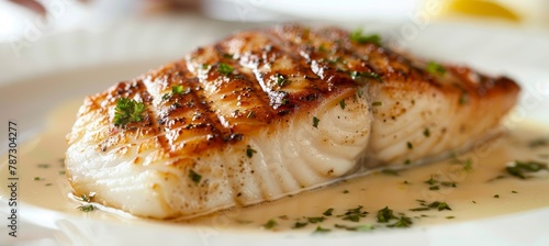 Fine dining chef cooking grilled fish fillet in creamy butter lemon or cajun spicy sauce with herbs photo
