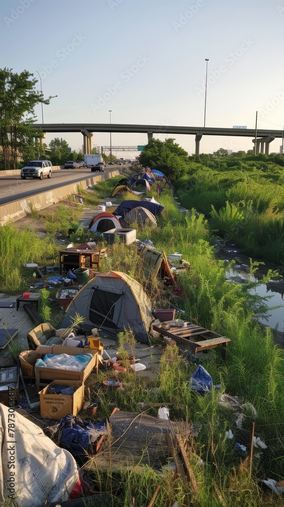 Fototapeta premium A row of tents and assorted items line the edge of a highway, forming a tent city in the shadows of urban progress.