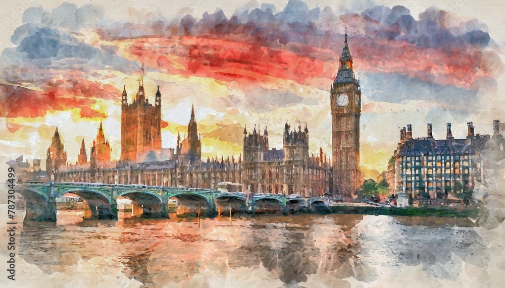 Naklejka premium Watercolor painting of Sunset skyline of Big Ben abd Houses of Parliament in London