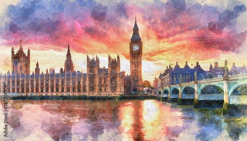 Watercolor painting of Sunset skyline of Big Ben abd Houses of Parliament in London