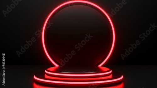 Neon round podium with red lights on black background. 3D rendering © korkut82
