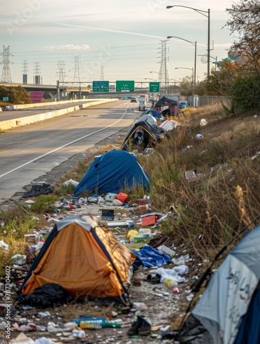 The image captures a roadside encampment with several tents. There is a significant amount of litter and debris scattered around the area. In the background, there is a highway with traffic signs.