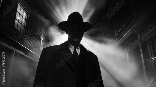 A silhouette of a person wearing a fedora, obscured by night fog under dim streetlight