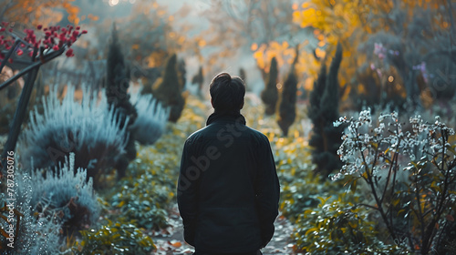 Person stand alone in empty garden with Gray plants garden and trees, generative Ai