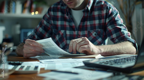 A focused man in a flannel shirt examines paperwork, with a calculator at his dimly lit workspace photo