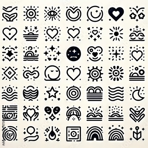 Minimalist icons encapsulating emotions of joy, serenity, and wonder with a white canvas filled with repetitive doodles of simple stars, hearts, or waves