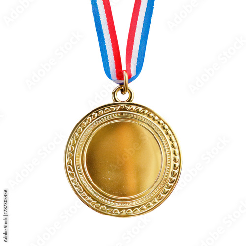 Gold medal with ribbon. Isolated on transparent background.