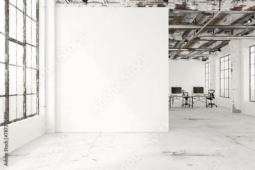 White industrial minimal open space office corner with blank wall