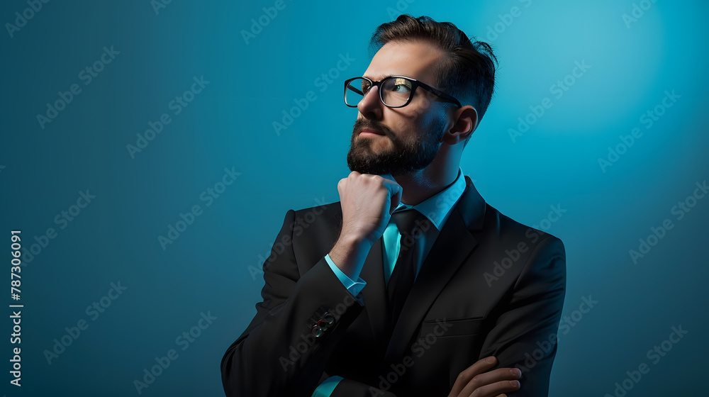 Young businessman feels doubt gesture hesitate looking at copy space : Generative AI Young businessman feels doubt gesture hesitate looking at copy space : Generative AI